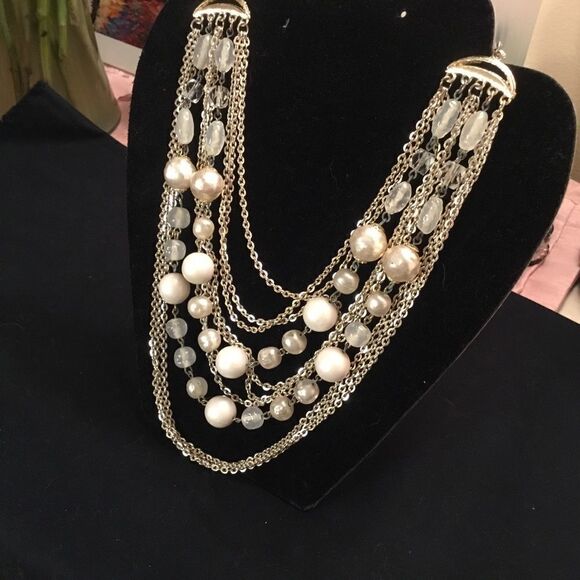 Silvertone Chains with White Beads and Faux Pearls Necklace - Picture 6 of 7